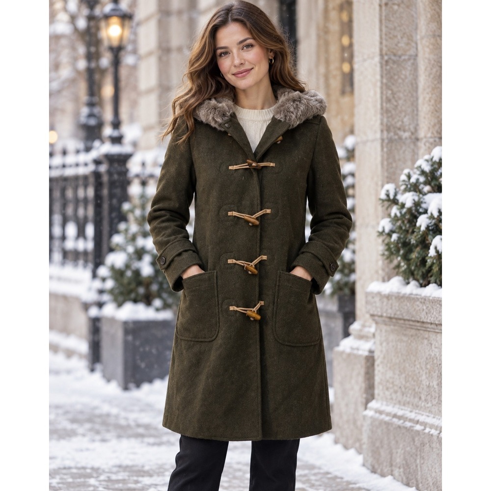 J.Crew Olive Wool Duffle Coat Shearling Trim Hood Toggle Women's XS